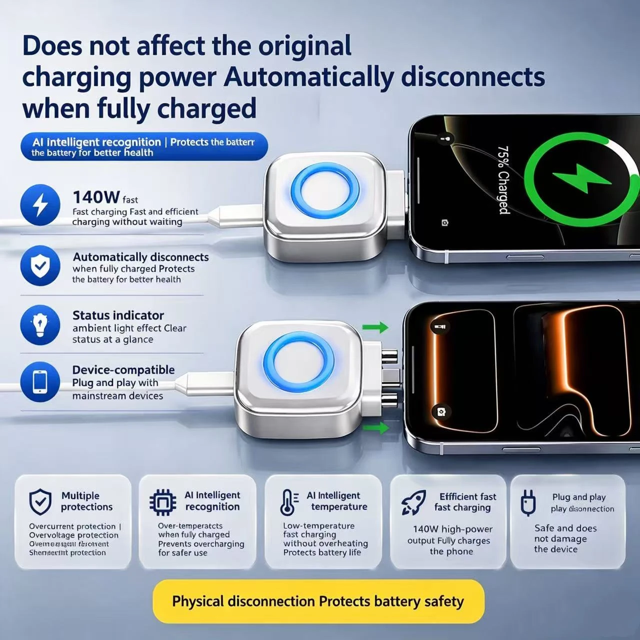 Smart Full Charge Self-Cut Type-C Adapter, Universal Auto Disconnect for Night Charging, Overcharge Prevention Separator
