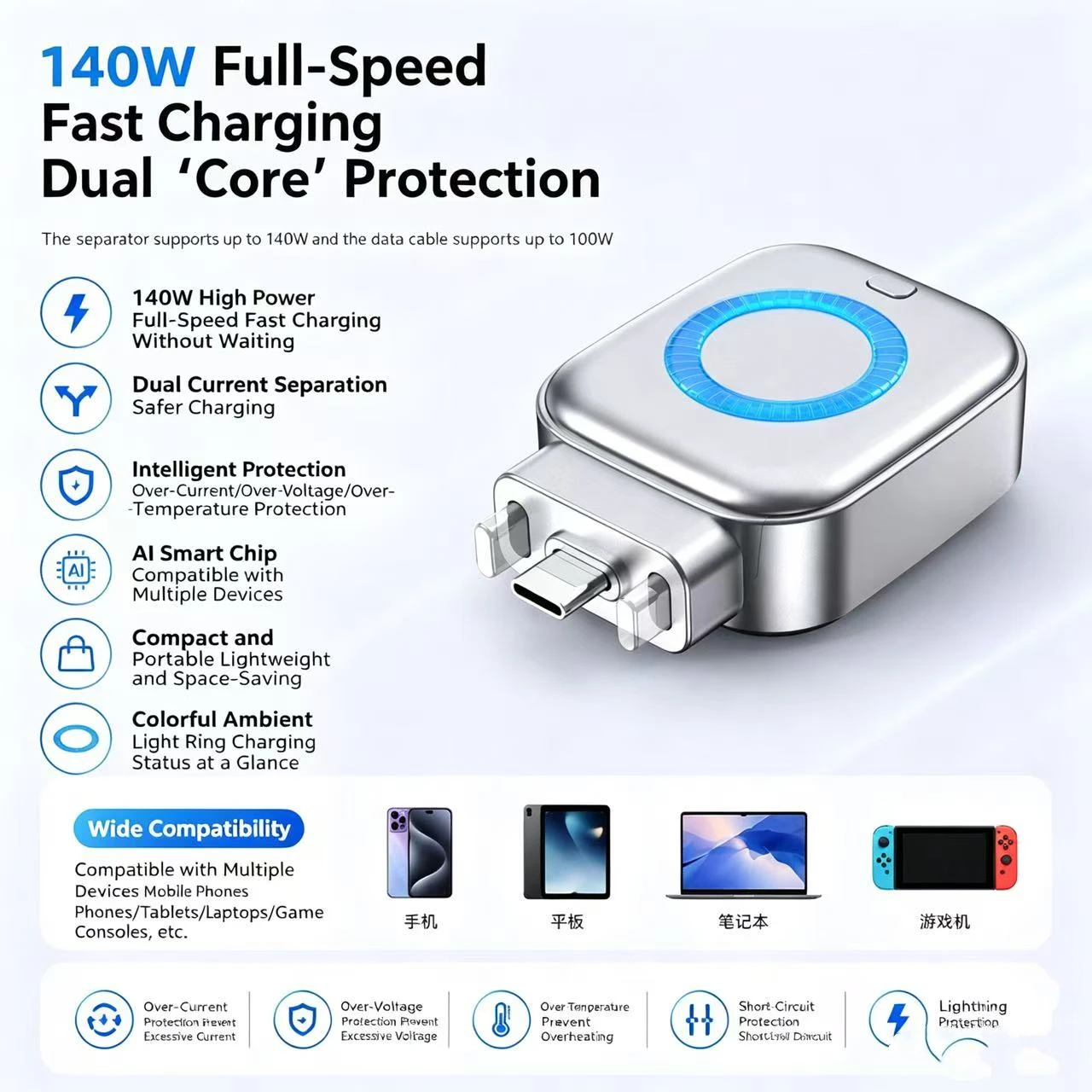 Smart Full Charge Self-Cut Type-C Adapter, Universal Auto Disconnect for Night Charging, Overcharge Prevention Separator