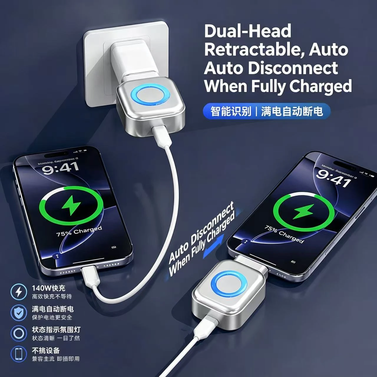 Smart Full Charge Self-Cut Type-C Adapter, Universal Auto Disconnect for Night Charging, Overcharge Prevention Separator