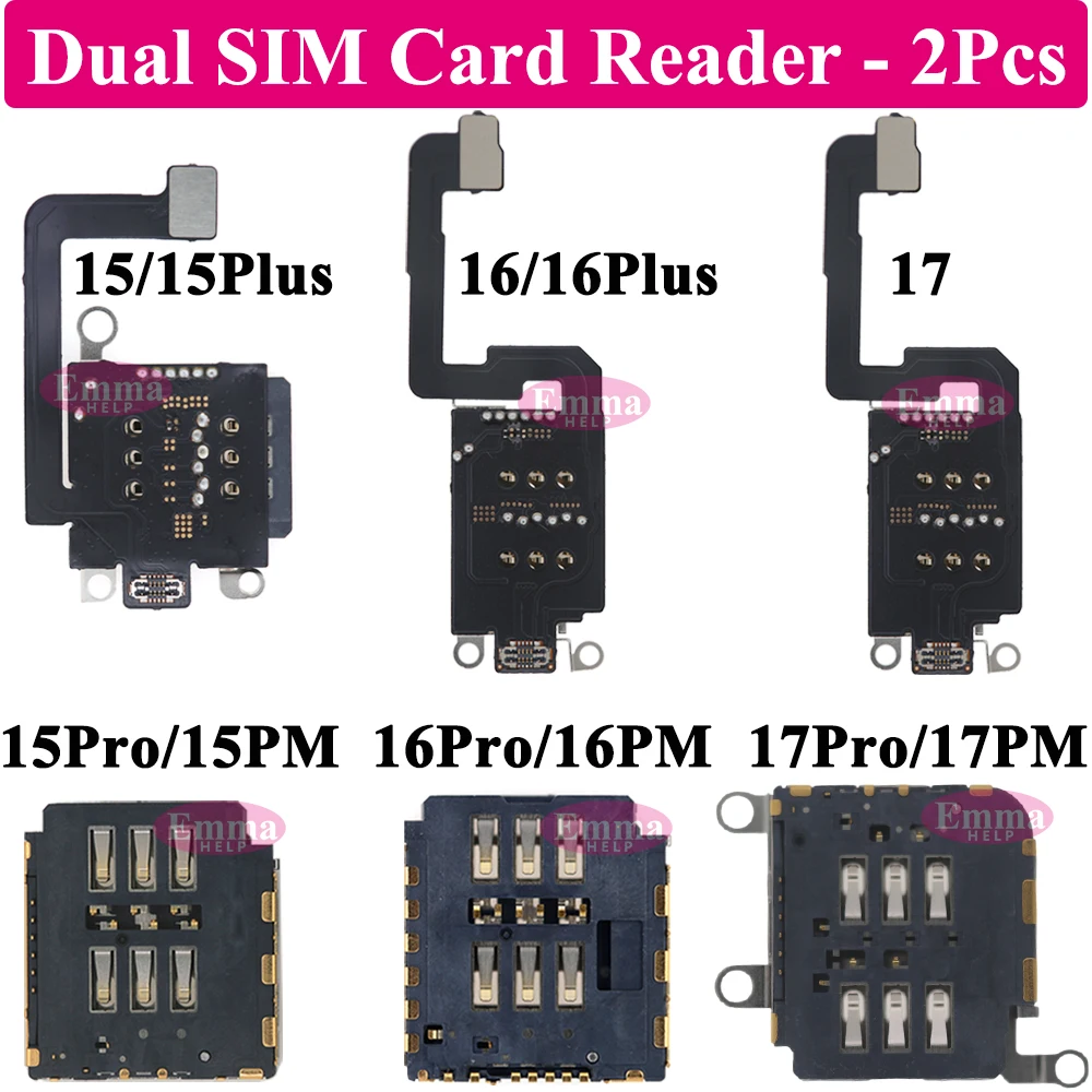 2pcs Dual SIM Card Reader Flex Cable for iPhone 17 16 Plus 15 Pro Max 14 13 12 11 XR Inner Tray Slot Socket Adapter