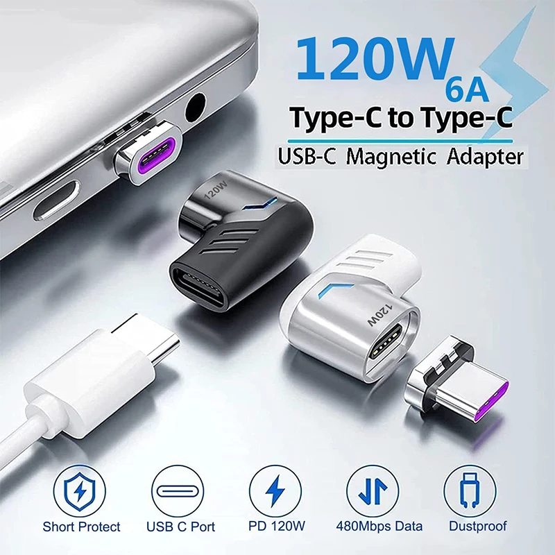 PD 120W Usb C To Type C Magnetic Adapter Fast Charging USB Type-C Magnetic Converter Magnetic Cable Right Angle USB C Connector