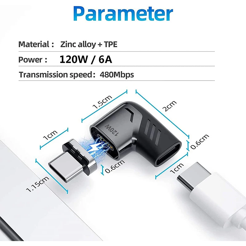 PD 120W Usb C To Type C Magnetic Adapter Fast Charging USB Type-C Magnetic Converter Magnetic Cable Right Angle USB C Connector