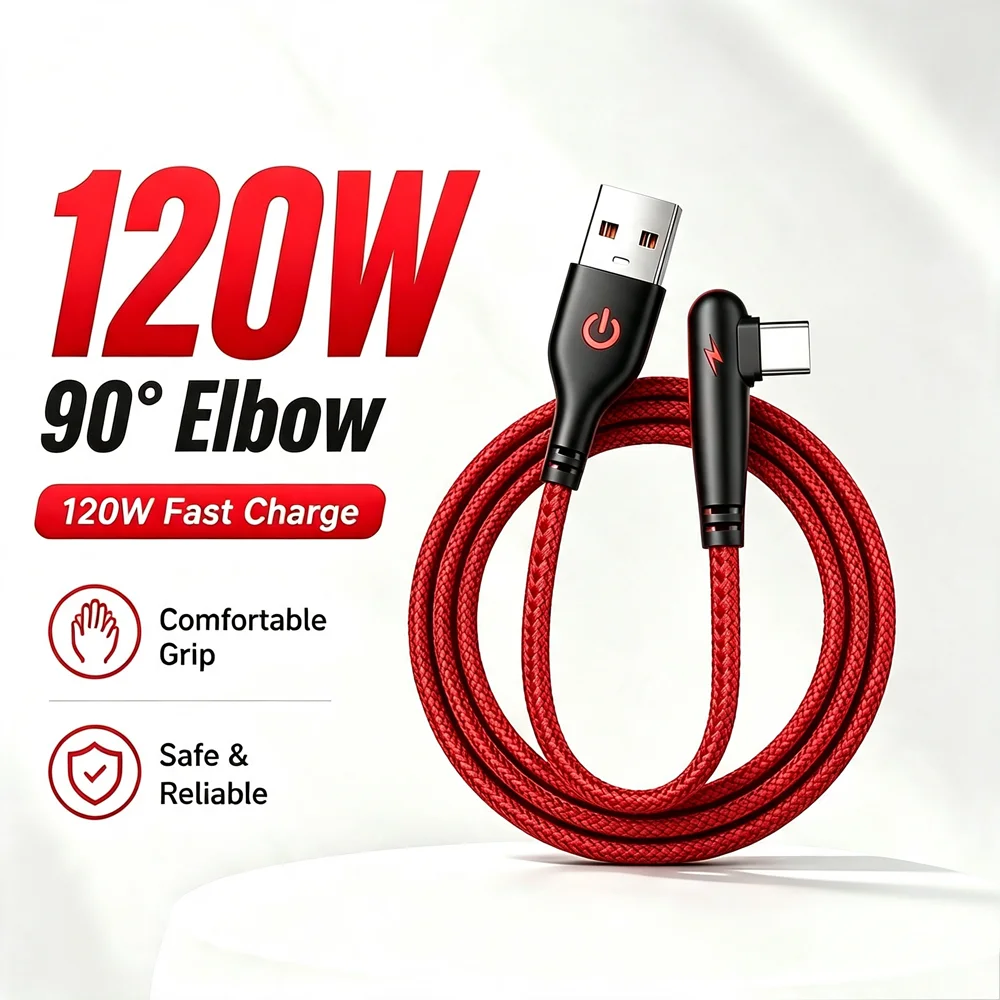 120W 90 Degree Right Angle Type-C USB Fast Charge Cable For iPhone 15 16 17 Huawei Honor Xiaomi Redmi POCO Rapid Charging Cable