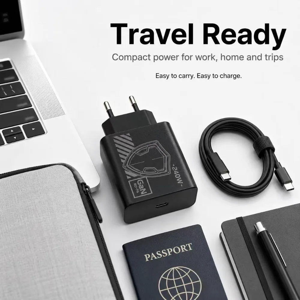 240W GAN Mechanical Pattern Multi Port Travel Charger EU US Plug Multiple Color Charging Kit with 1M Braided USB C Cable
