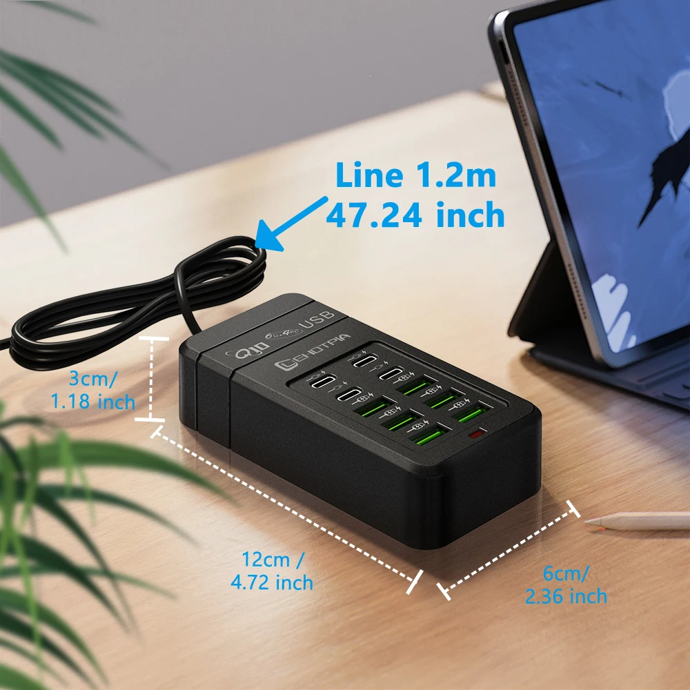 EU UK US Plug Multi-Port Fast USB Charger With 1.2m Cable - 6 USB-A & 4 USB-C Ports Portable Power Adapter for Phones USB Device