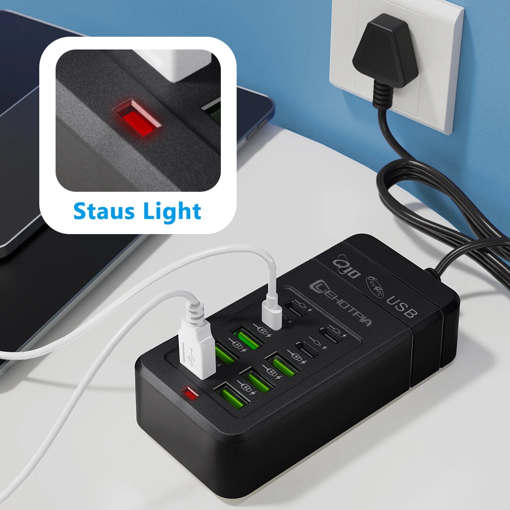 EU UK US Plug Multi-Port Fast USB Charger With 1.2m Cable - 6 USB-A & 4 USB-C Ports Portable Power Adapter for Phones USB Device