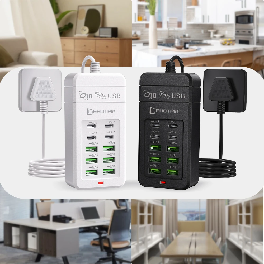 EU UK US Plug Multi-Port Fast USB Charger With 1.2m Cable - 6 USB-A & 4 USB-C Ports Portable Power Adapter for Phones USB Device