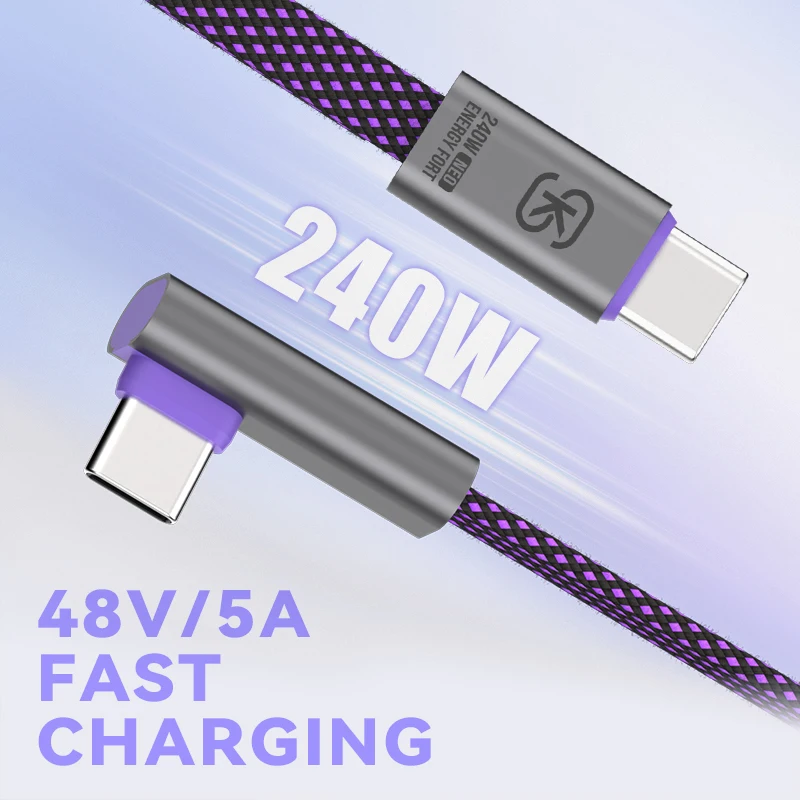 90° Elbow Fast Charging Game Cable PD 240W USB C to Type C Charge Cord 480 Mbps Data Transfer Cable for Phone Laptop Samsung