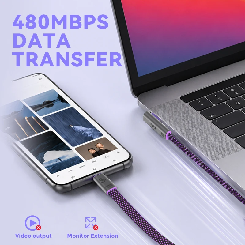 90° Elbow Fast Charging Game Cable PD 240W USB C to Type C Charge Cord 480 Mbps Data Transfer Cable for Phone Laptop Samsung