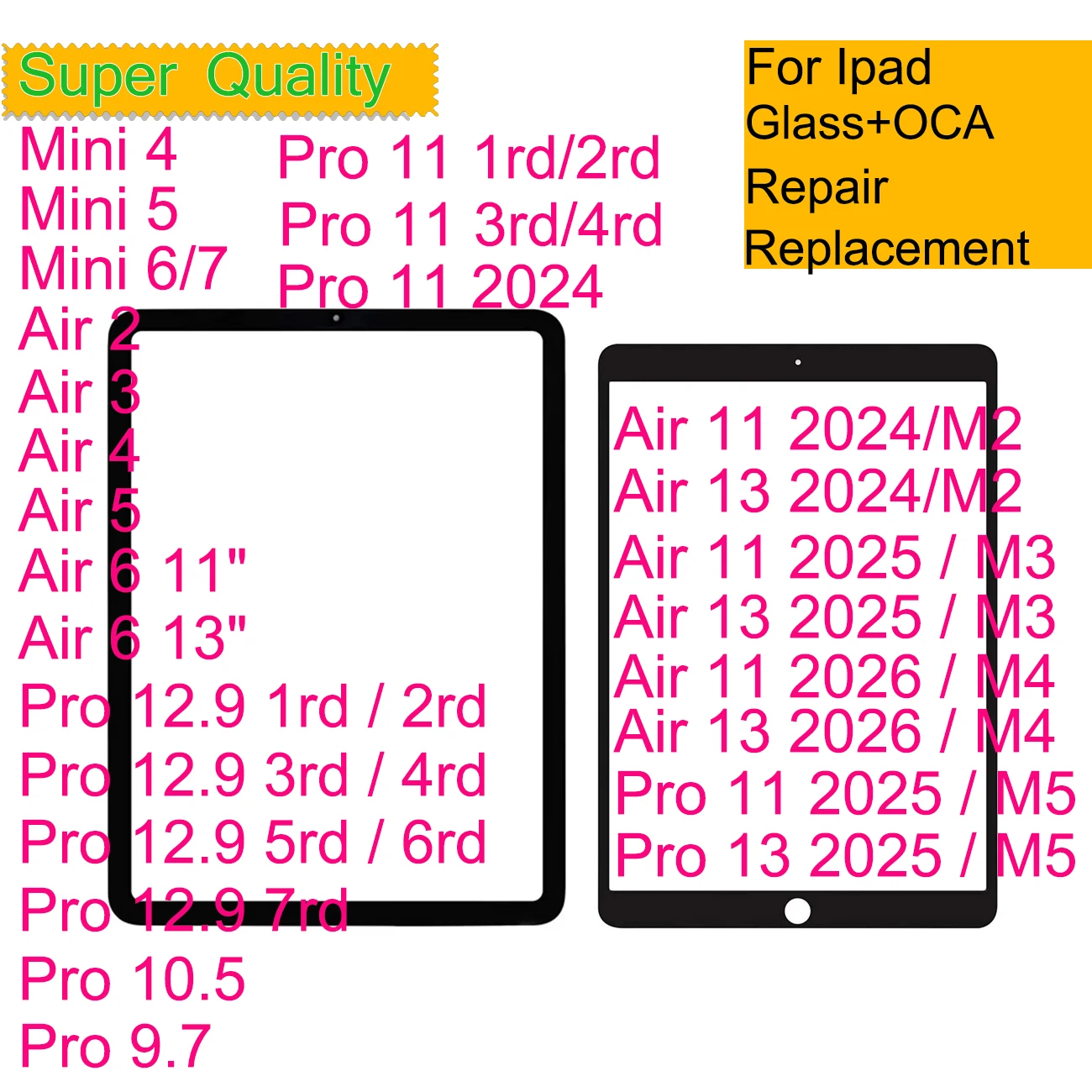 10Pcs For iPad Pro 11 13 M5 Air 13 11 M4 M3 M2 Air 6 5 4 3 Mini Pro 12.9 10.5 9.7 Touch Screen Panel Front Outer Glass With OCA