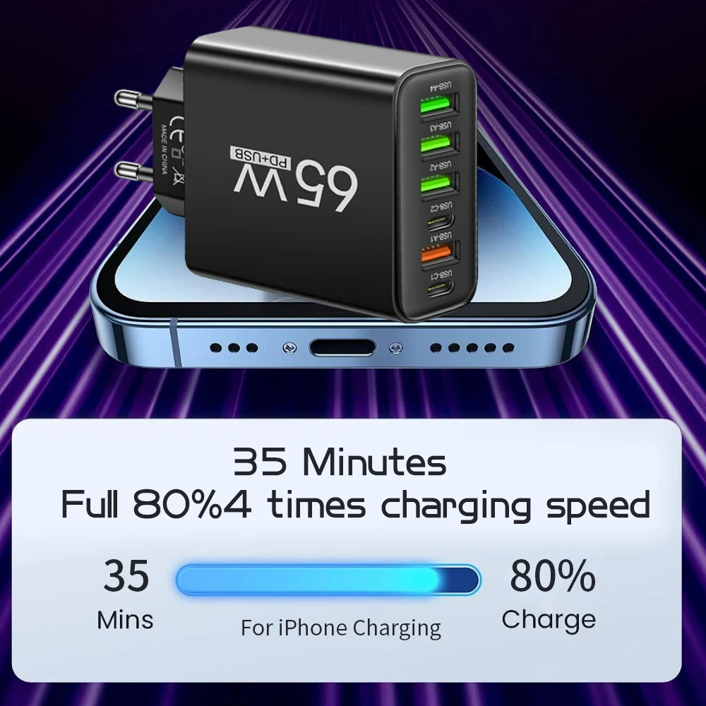 USB C Charger Total 65W Muti 6 Ports Fast Charging QC3.0 Type C Mobile Phone Wall Adapter for iPhone 15 Pro Max Xiaomi Samsung