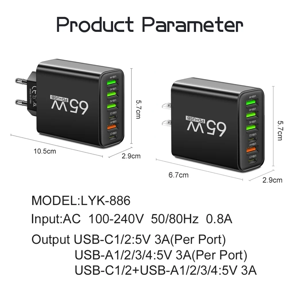 USB C Charger Total 65W Muti 6 Ports Fast Charging QC3.0 Type C Mobile Phone Wall Adapter for iPhone 15 Pro Max Xiaomi Samsung