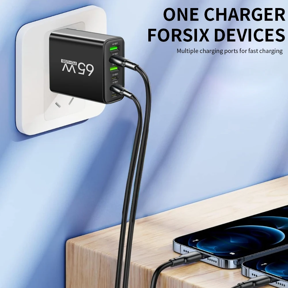 USB C Charger Total 65W Muti 6 Ports Fast Charging QC3.0 Type C Mobile Phone Wall Adapter for iPhone 15 Pro Max Xiaomi Samsung