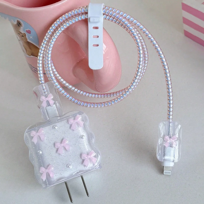 Transparent Pink 3D Bowknot Cellphone Charger Protective Case Sleeve for Apple IPhone 18/20W Laser Cable Winder Wire Protectors
