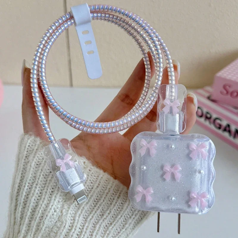 Transparent Pink 3D Bowknot Cellphone Charger Protective Case Sleeve for Apple IPhone 18/20W Laser Cable Winder Wire Protectors