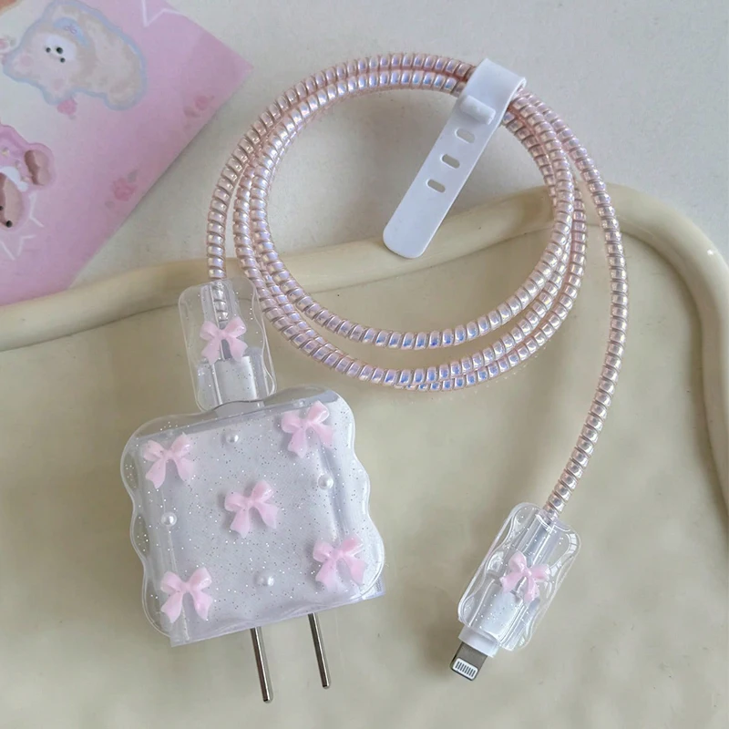 Transparent Pink 3D Bowknot Cellphone Charger Protective Case Sleeve for Apple IPhone 18/20W Laser Cable Winder Wire Protectors