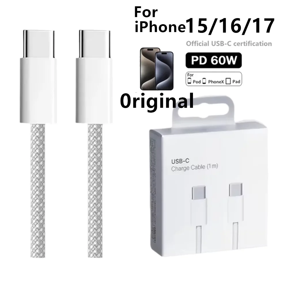 PD 60W Dual USB-C Fast Charging Braided Cable For iPhone 15 16 17Pro Max 15 Plus Type C to Type C Quick Charger Cable With Box