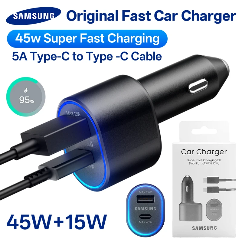 Original Samsung 45w Car Charger Type C PD Fast Charging Samsung S26 S25 S24 Ultra Plus S23 S22 FE A57 A55 Z Flip Z Fold 8 7 6 5