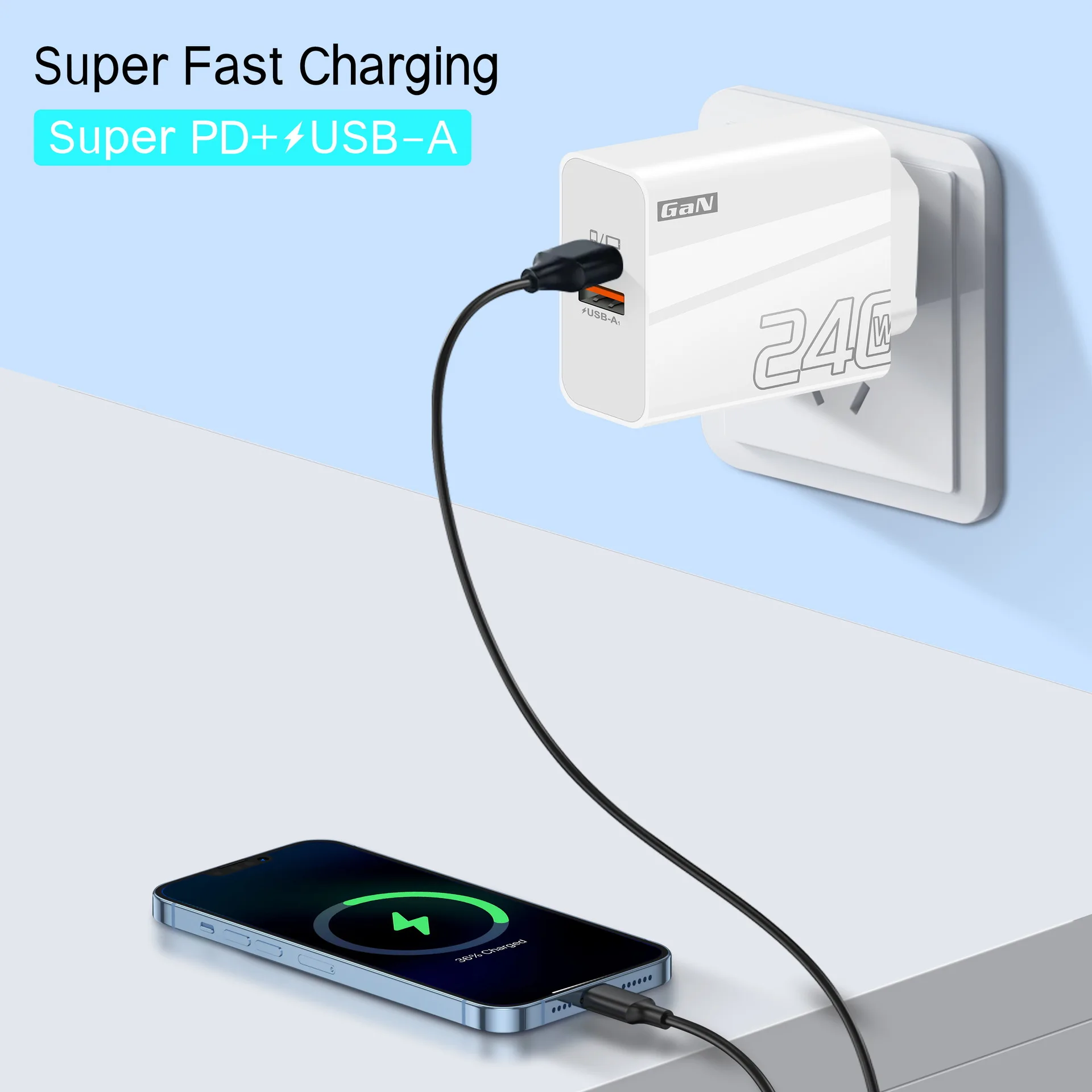240W GaN Charger Dual Port USB A Type C PD Fast Charging Adapter QC3.0 Wall Charger for iPhone Samsung Laptop Travel Adapter