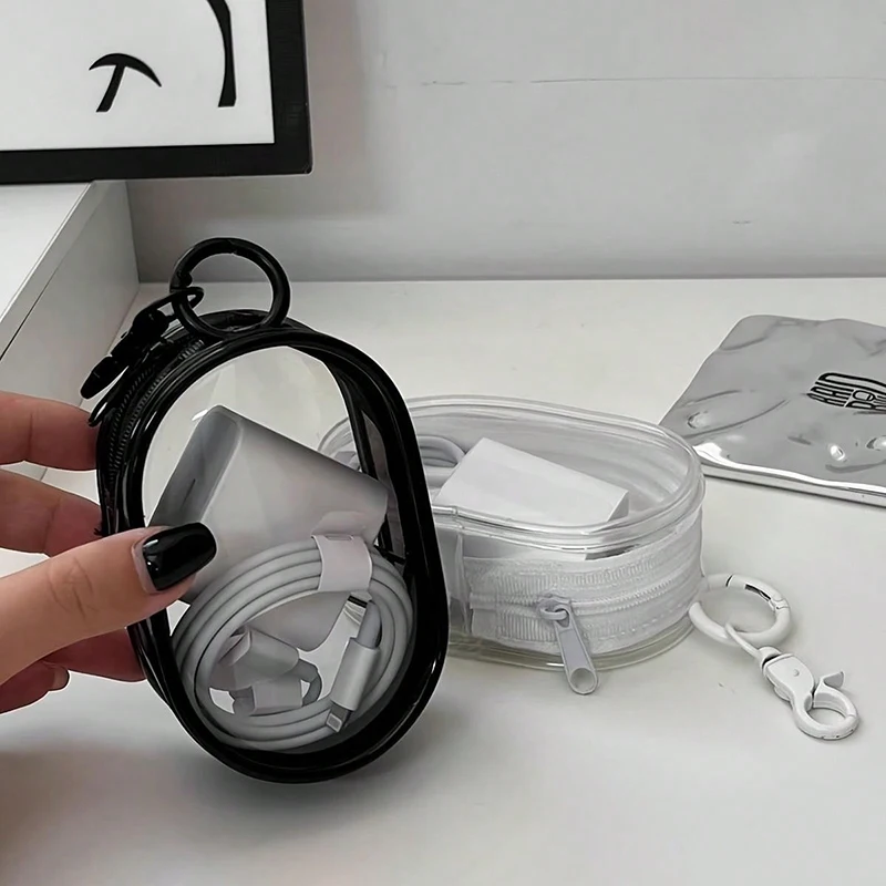 Portable Mini Transparent Storage Bag with Zipper, Multifunctional Headphone and Charger Case, Travel Accessories with Keychain