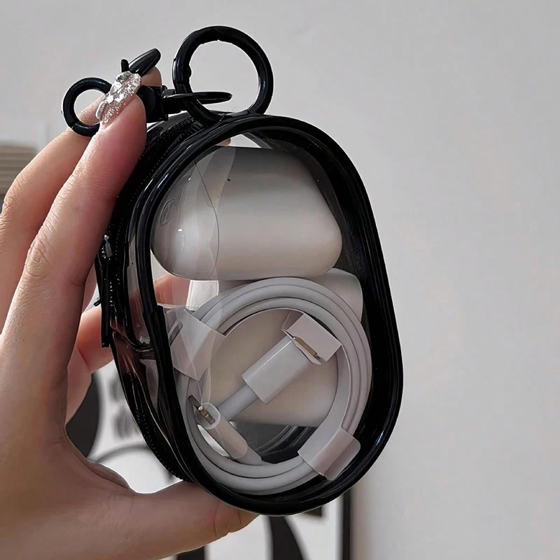 Portable Mini Transparent Storage Bag with Zipper, Multifunctional Headphone and Charger Case, Travel Accessories with Keychain