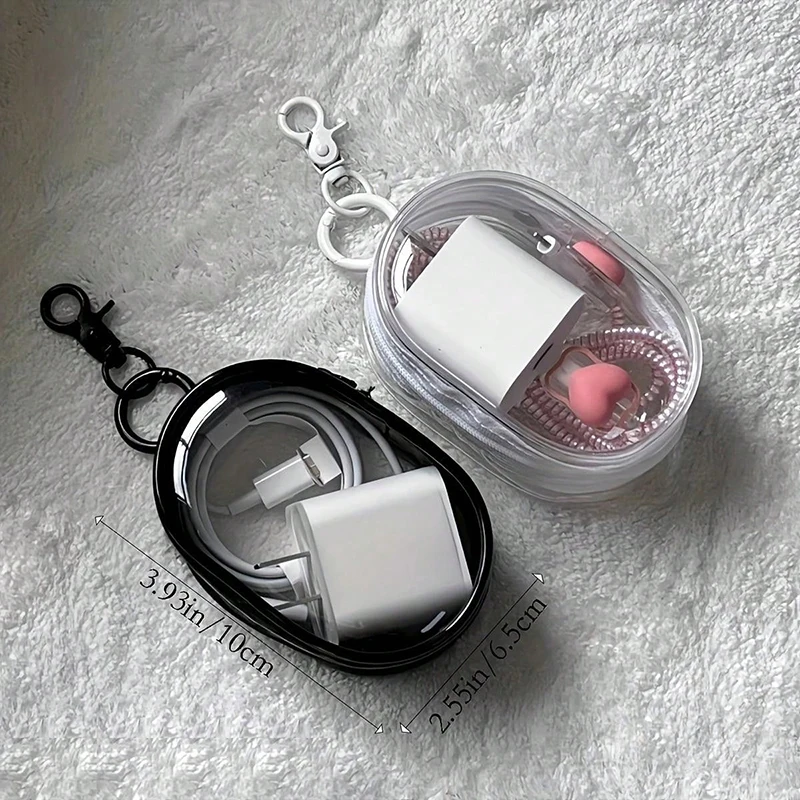 Portable Mini Transparent Storage Bag with Zipper, Multifunctional Headphone and Charger Case, Travel Accessories with Keychain