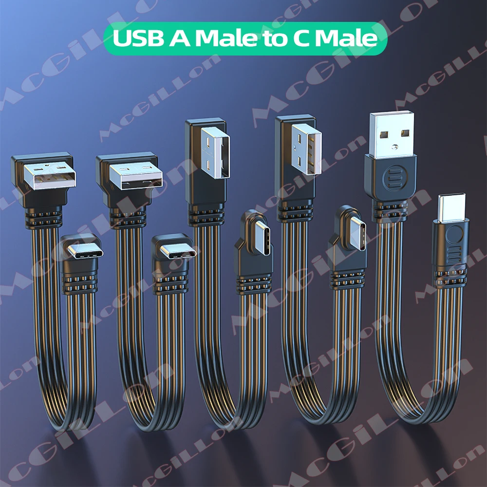 Flat Flexible Straight&Up & Down & Left & Right Angled 90 Degree USB Male to Type C Male Charging and Data Cable 10CM 30CM 50CM