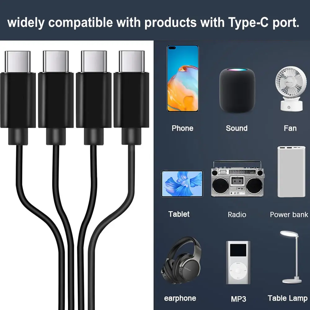 USB C Female to 4 Male Splitter Charging Cable, 1 to 4/6 Multi USB Type-C Port Charger Cord for Power Delivery to Type C Devices
