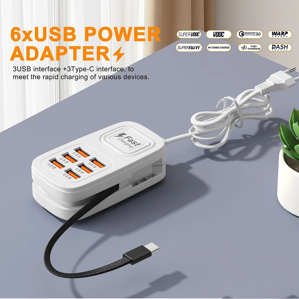 6 in 1 USB Power Strip PD Type C Fast Charging Phone Power Adapter For iPhone Samsung Xiaomi EU/US/UK Plug Wall Charger Socket
