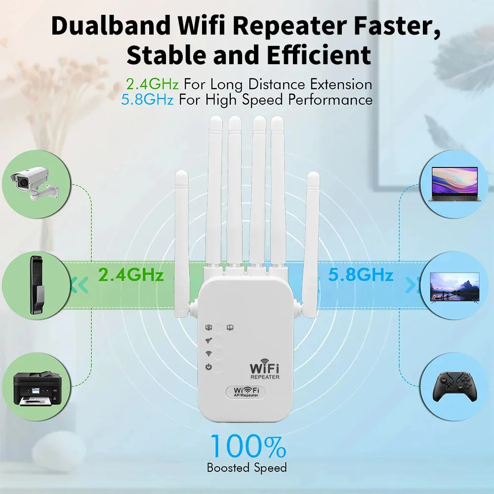 1200Mbps WiFi Repeater Dual Band 2.4G 5G Wireless Signal Extender Wifi Amplifier Router Long Range Wi-Fi Booster For Office Home