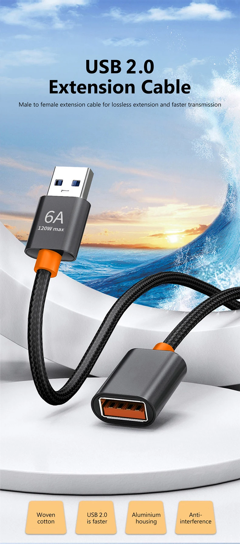 6A USB 3.0/2.0 Extension Cable for Smart Laptop PC TV Xbox One SSD Extender Cord Mini Fast Speed Cable