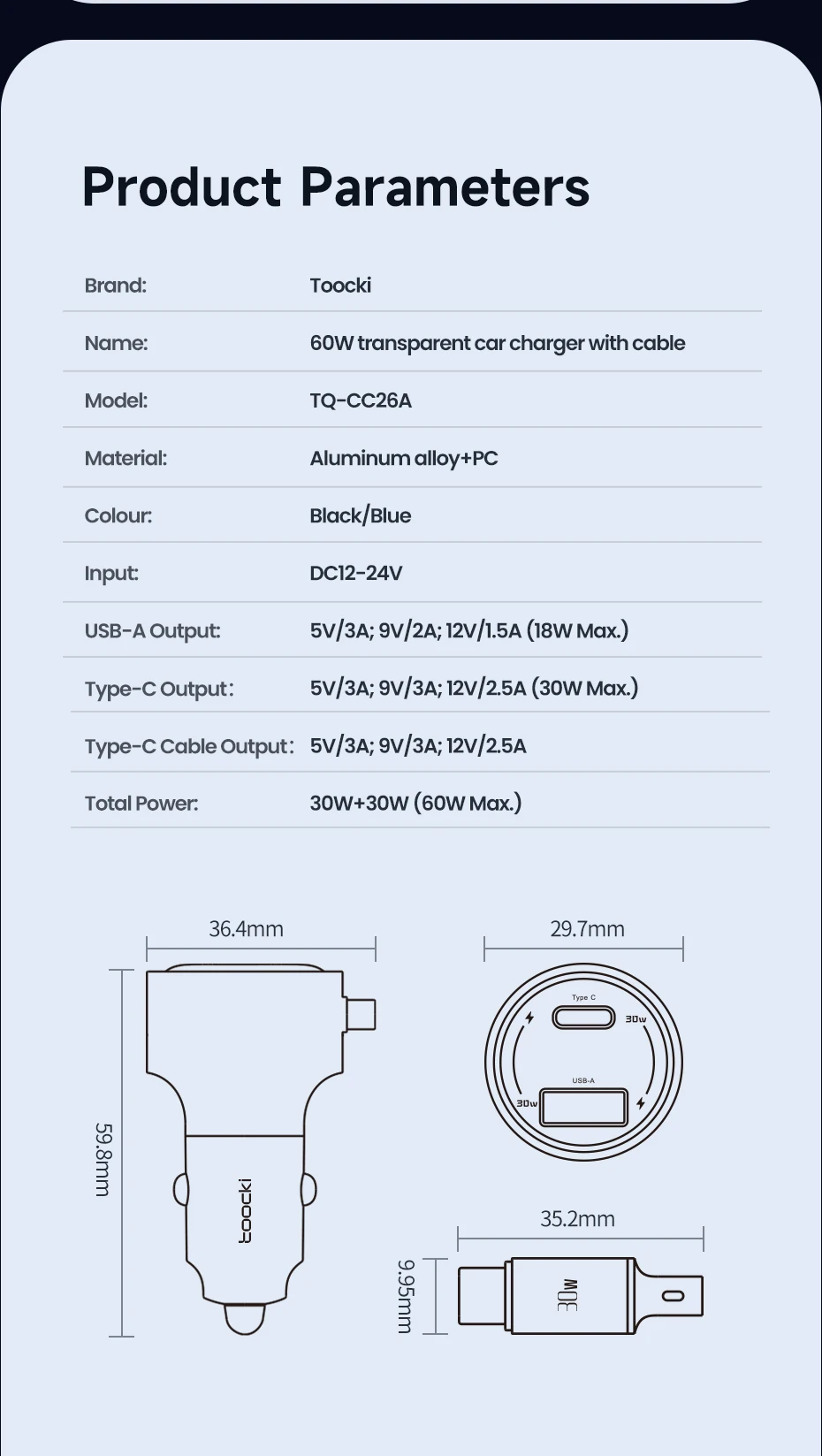 Toocki 60W USB Car Charger for Xiaomi Samsung LED Light PD QC3.0 Type C Fast Charging Charger with USB C Cable for iPhone 15 Pro