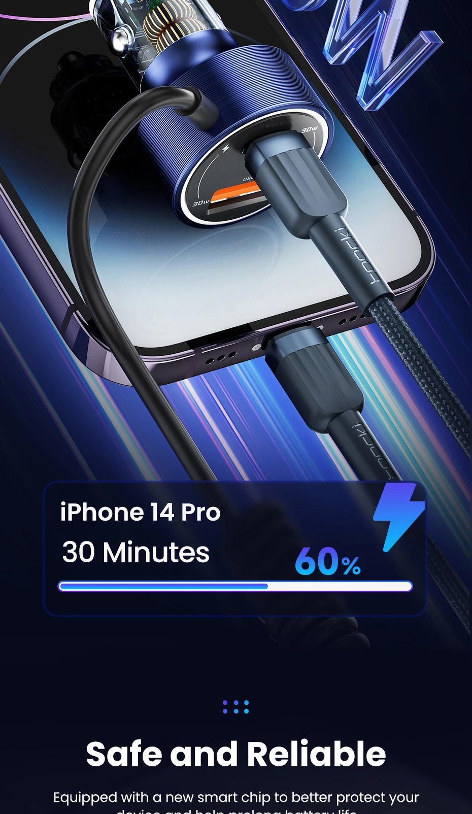 Toocki 60W USB Car Charger for Xiaomi Samsung LED Light PD QC3.0 Type C Fast Charging Charger with USB C Cable for iPhone 15 Pro