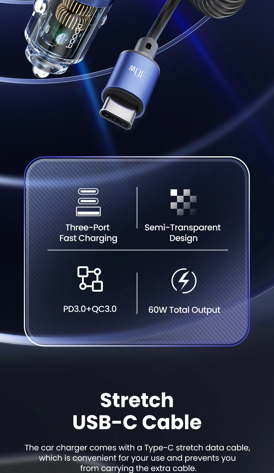 Toocki 60W USB Car Charger for Xiaomi Samsung LED Light PD QC3.0 Type C Fast Charging Charger with USB C Cable for iPhone 15 Pro