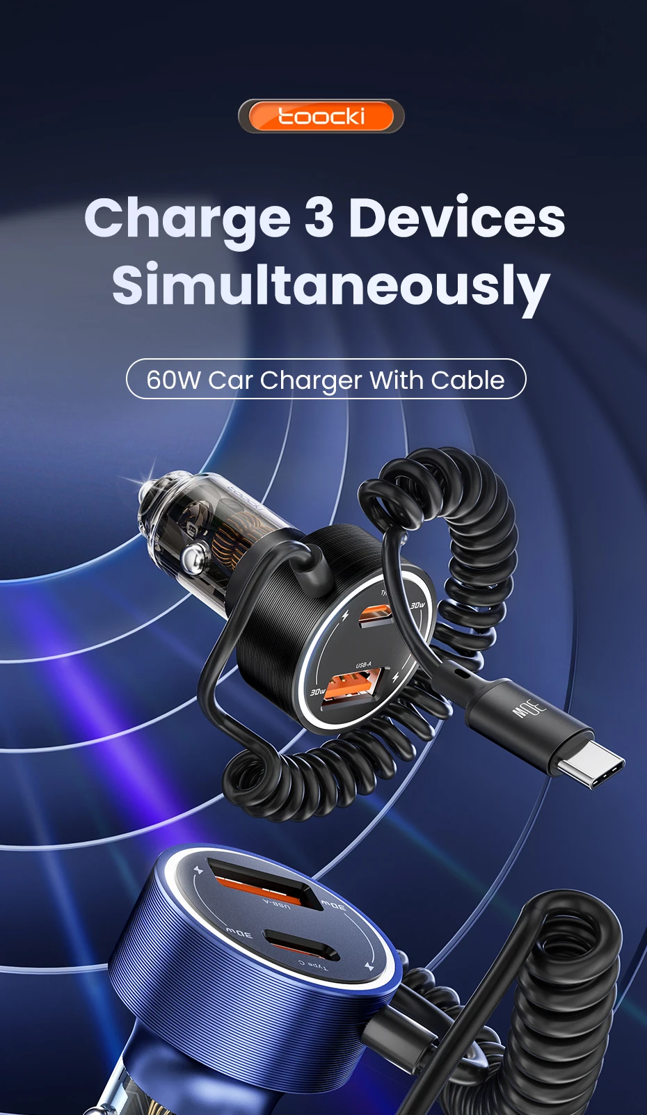 Toocki 60W USB Car Charger for Xiaomi Samsung LED Light PD QC3.0 Type C Fast Charging Charger with USB C Cable for iPhone 15 Pro