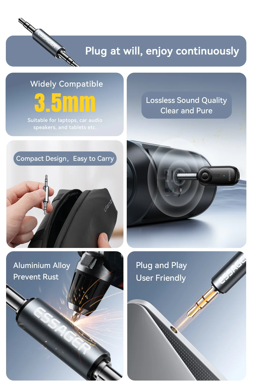 Essager 3.5mm Male to Male Jack Audio Adapter For Mobile Phone Headphone Car MP3 Speaker Laptops Tablets Stereo Jack Connector