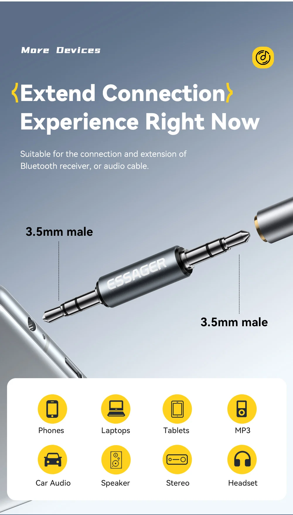Essager 3.5mm Male to Male Jack Audio Adapter For Mobile Phone Headphone Car MP3 Speaker Laptops Tablets Stereo Jack Connector