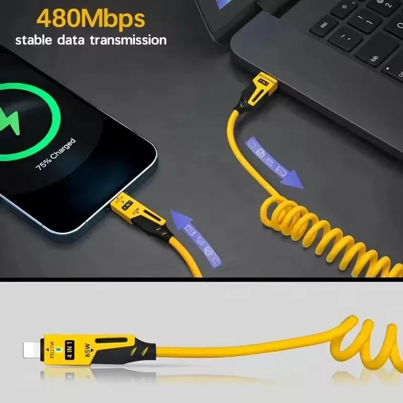 4 in 1 65W Spring Short Data Cable 6A USB Type C Spring Telescopic Quick Charger Wire Spring USB Cable for iPhone 15 14 13 12