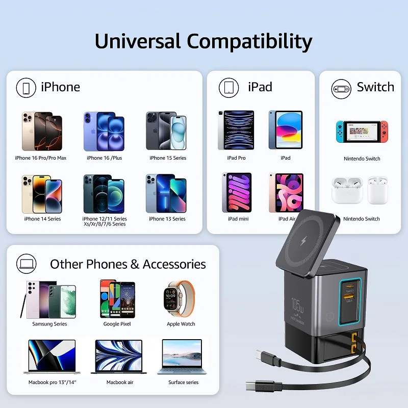 6-in-1 Charging Station with Retractable USB-C Cable Power Combo Tower 105W for Multiple Devices Fast Charger for iPhone Airpod