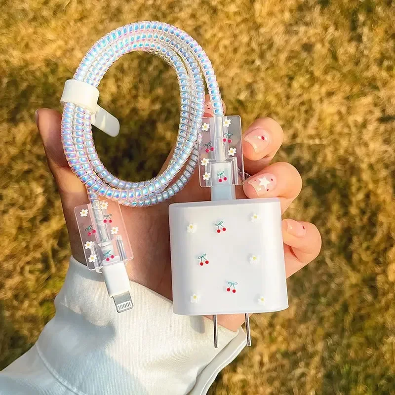 Cherry Frosted Cable Charger Protector Cover For IPhone IPad 18W 20W Original Charger New Data Line Spiral Winder Protective