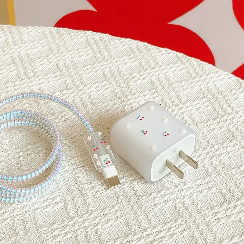 Cherry Frosted Cable Charger Protector Cover For IPhone IPad 18W 20W Original Charger New Data Line Spiral Winder Protective