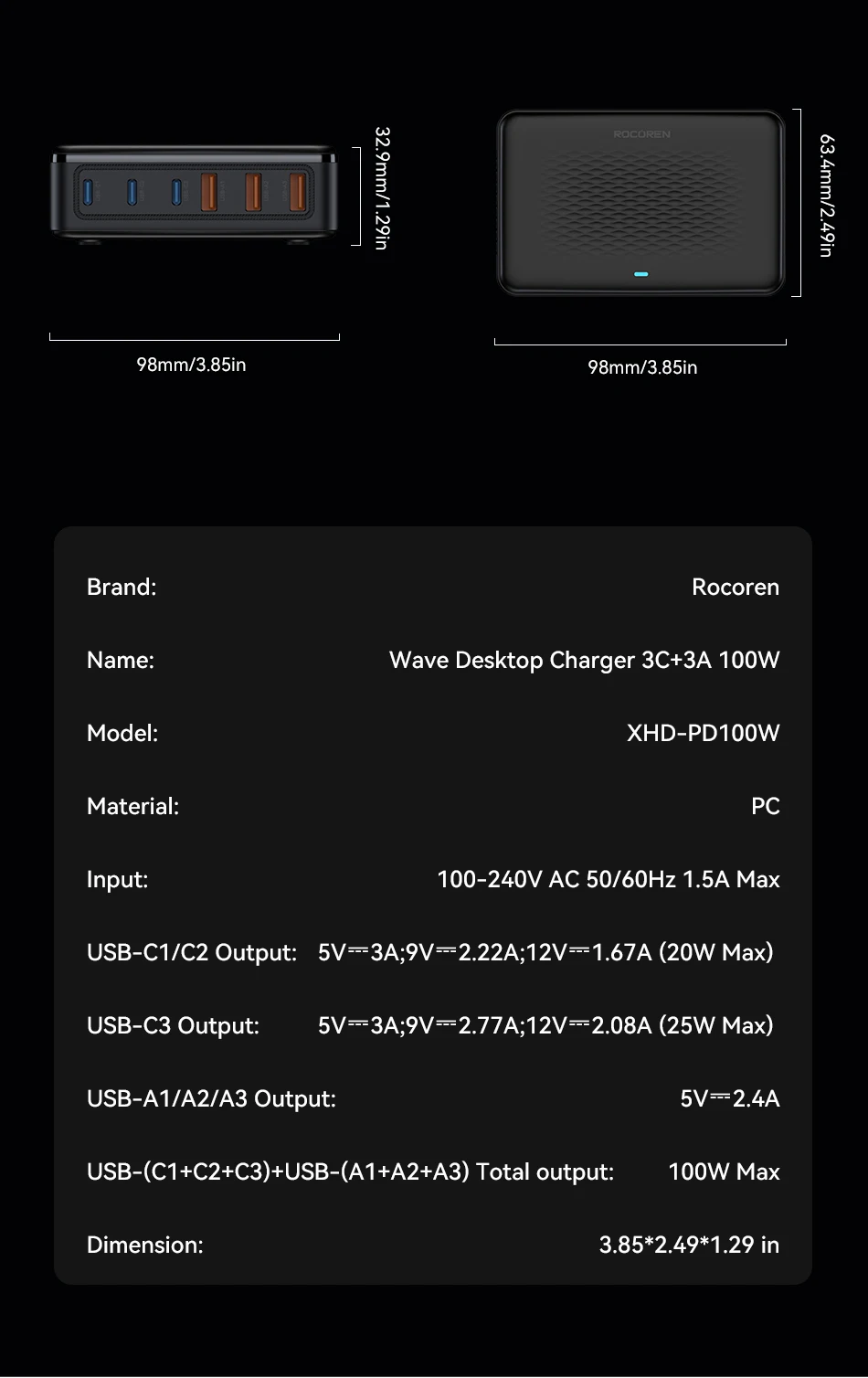 Rocoren USB Charger 100W GaN Charger 6-ports Desktop Fast Charging Type C Charger Portable Power Station For iPhone Xiaomi POCO