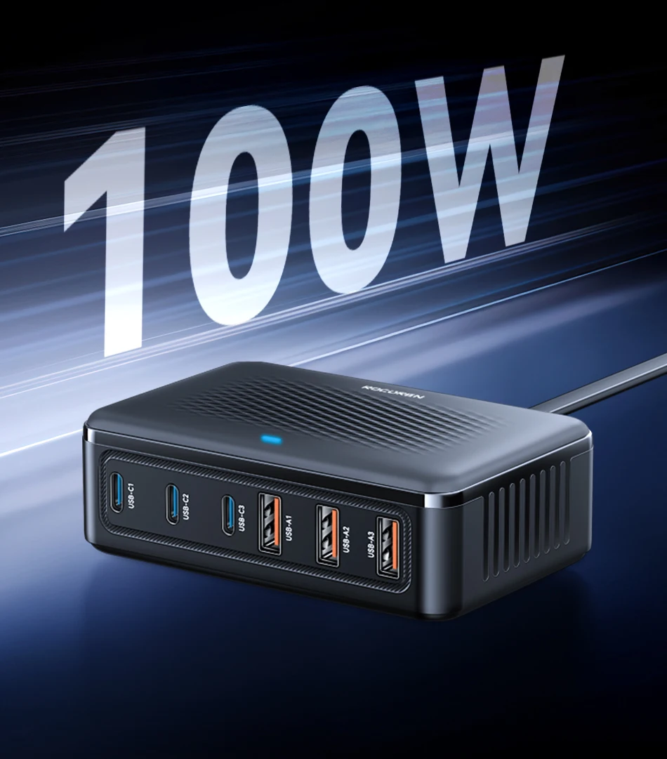 Rocoren USB Charger 100W GaN Charger 6-ports Desktop Fast Charging Type C Charger Portable Power Station For iPhone Xiaomi POCO