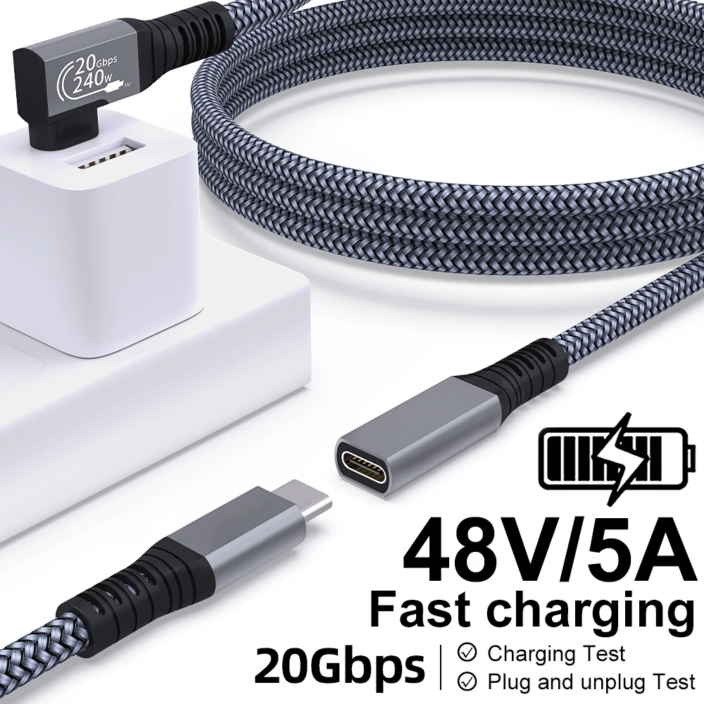 BCVS 90° USB3.2 USB‑C Male to Female Extension Cable 240W 20Gbps Fast Charging for IPhone15 Pro Max MacBook Thunderbolt