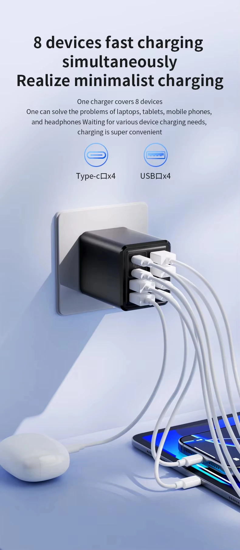 KEBIDUMEI 240W GaN 8-Port Fast Charger Multi-Port USB C Type C PD QC3.0 Charger for MacBook Laptop Phone 17/16/15 Pro