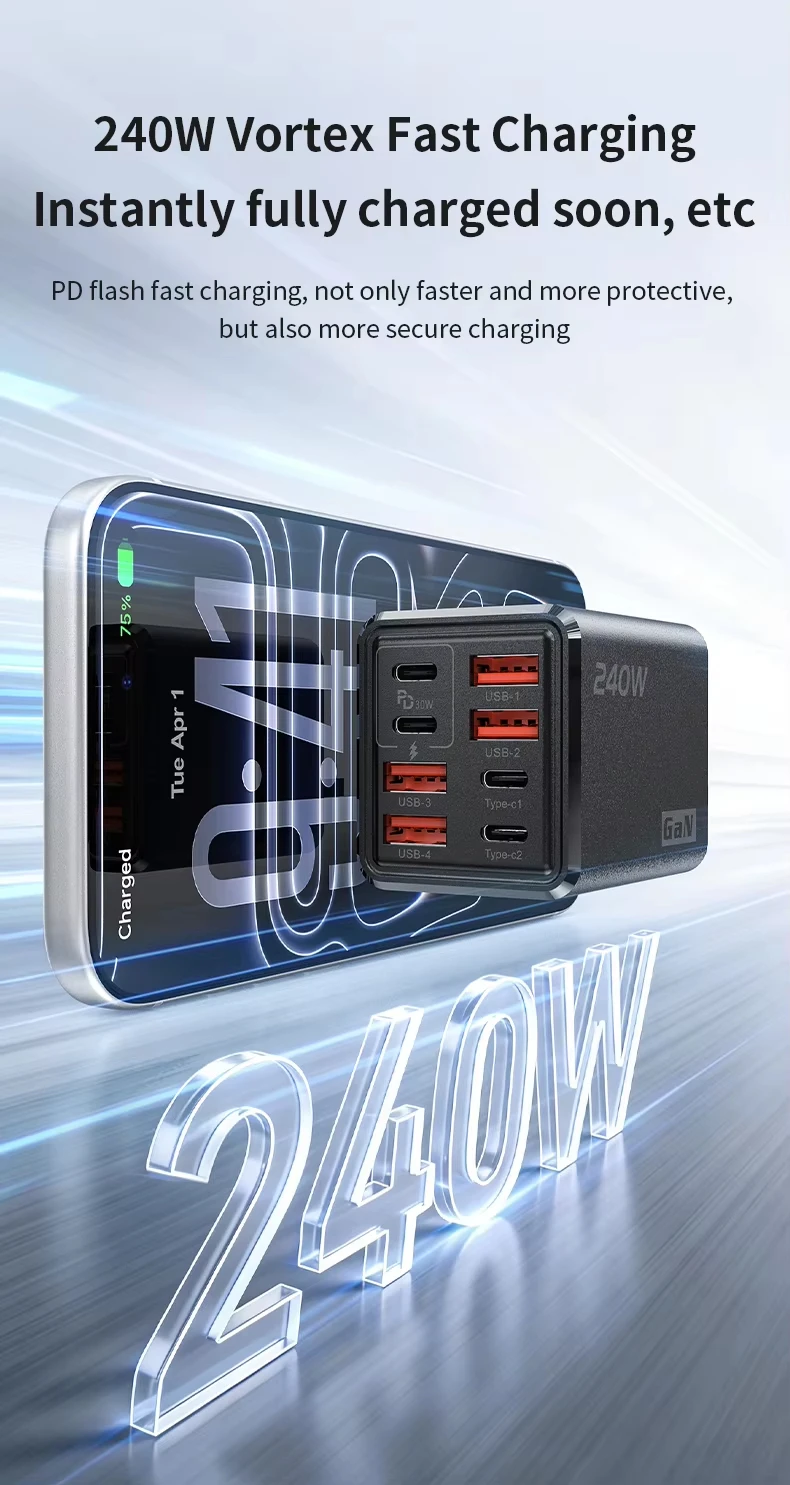 KEBIDUMEI 240W GaN 8-Port Fast Charger Multi-Port USB C Type C PD QC3.0 Charger for MacBook Laptop Phone 17/16/15 Pro