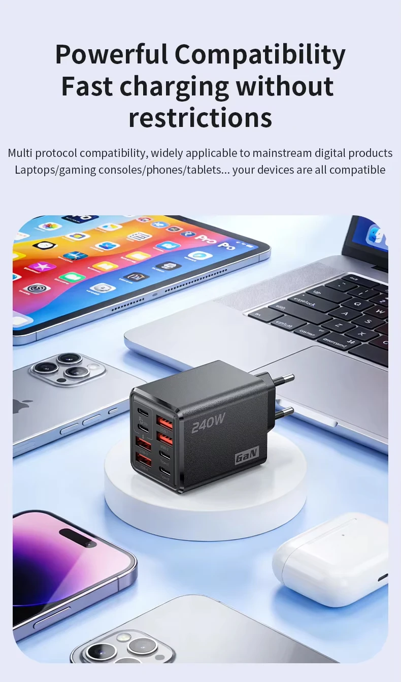 KEBIDUMEI 240W GaN 8-Port Fast Charger Multi-Port USB C Type C PD QC3.0 Charger for MacBook Laptop Phone 17/16/15 Pro