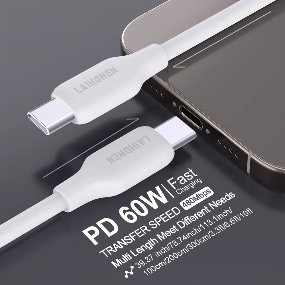 60W 3A Super Fast Charge PD Type C Liquid Silicone Cable Quick Charge 1M 2M 3M USB Cable USB C to C Charger Cable