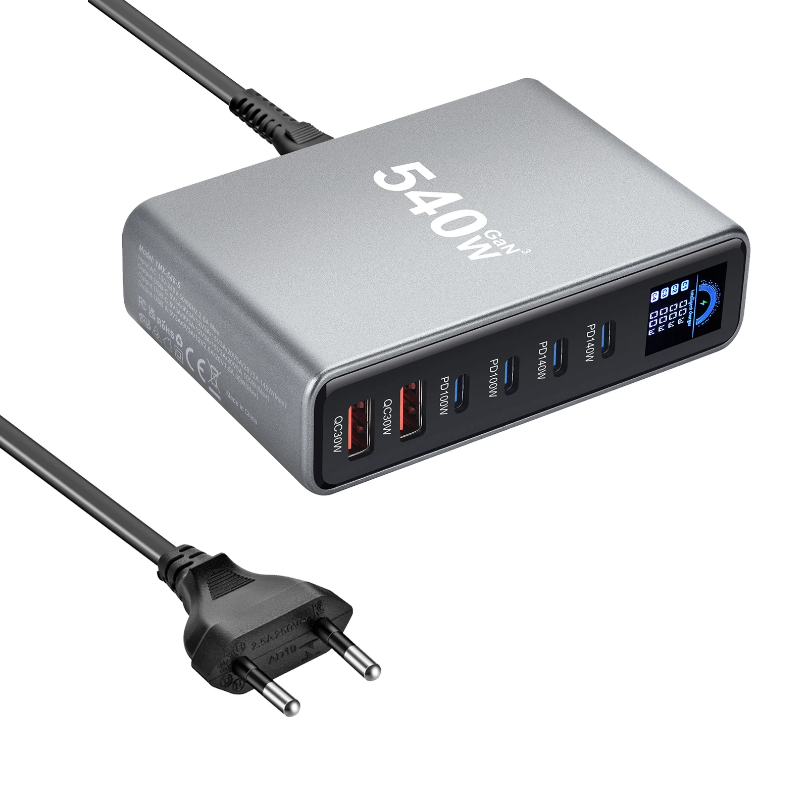 New 540W GaN Charger with Display Desktop 140W USB-C 6-Port Fast Charging Station Suitable for Phones Tablets Electronic Devices