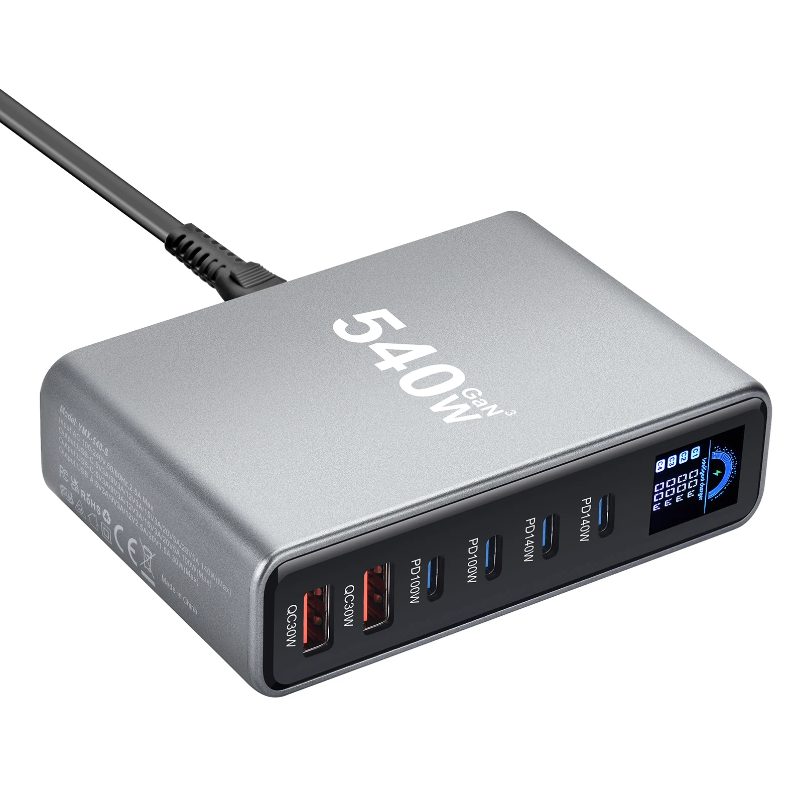 New 540W GaN Charger with Display Desktop 140W USB-C 6-Port Fast Charging Station Suitable for Phones Tablets Electronic Devices